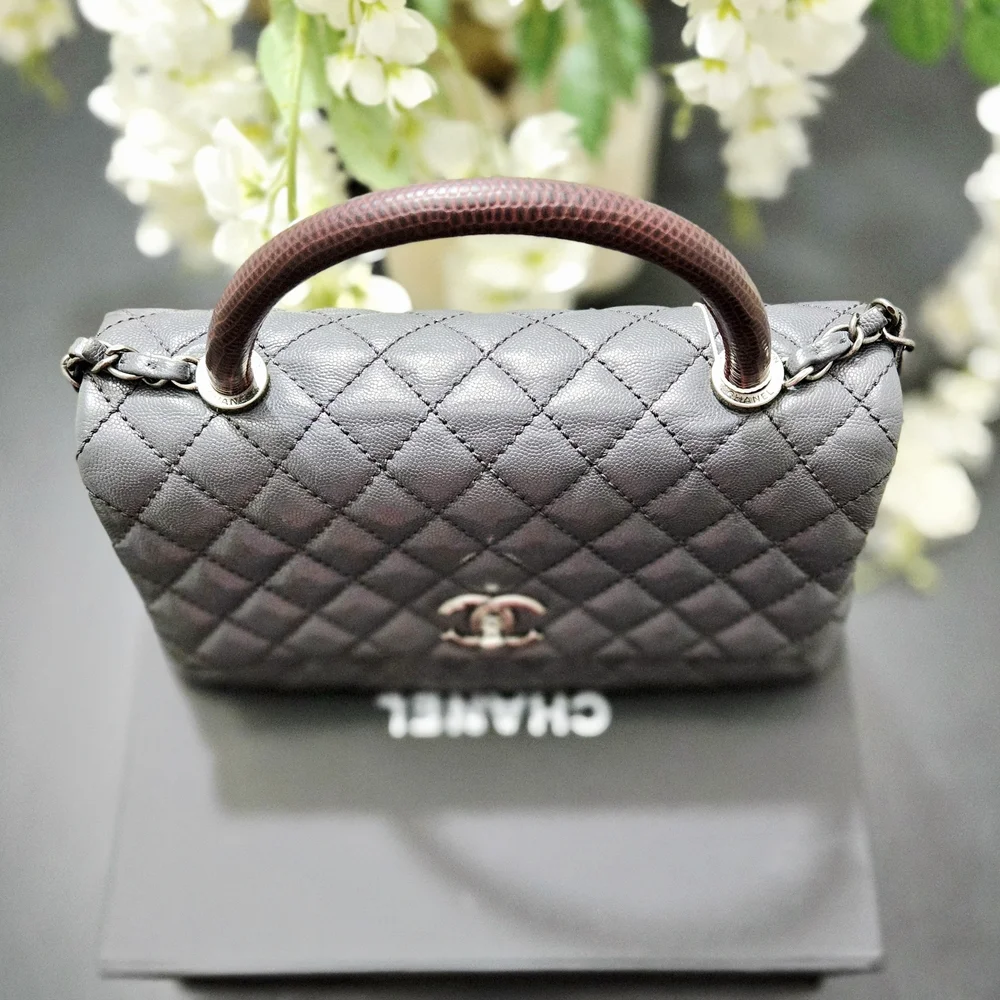 Chanel Coco Caviar Leather Quilted With Lizard Handle Gray Shoulder Bag Medium - Picture 12 of 12